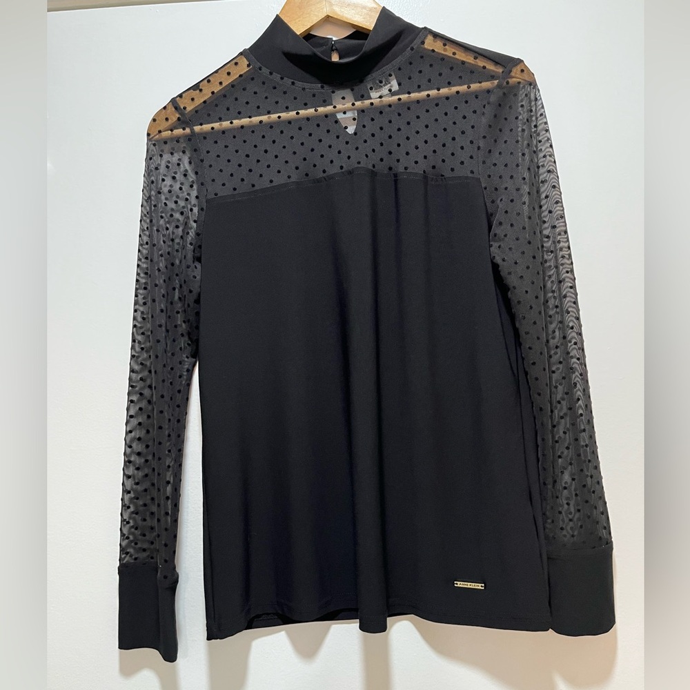 Anne Klein Womens Long Sleeve Mesh Polka Dot Blouse XSmall NWOT